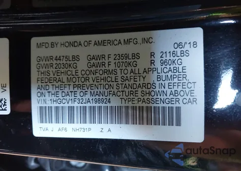 2018 Honda Accord Sport из США, поврежденный, VIN 1HGCV1F32JA198924